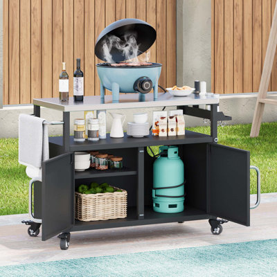 54.5" Outdoor Metal Kitchen Island With Stainless Steel Tabletop, Storage Cabinet, Spice Rack, Towel Rack & 4 Lockable Wheels