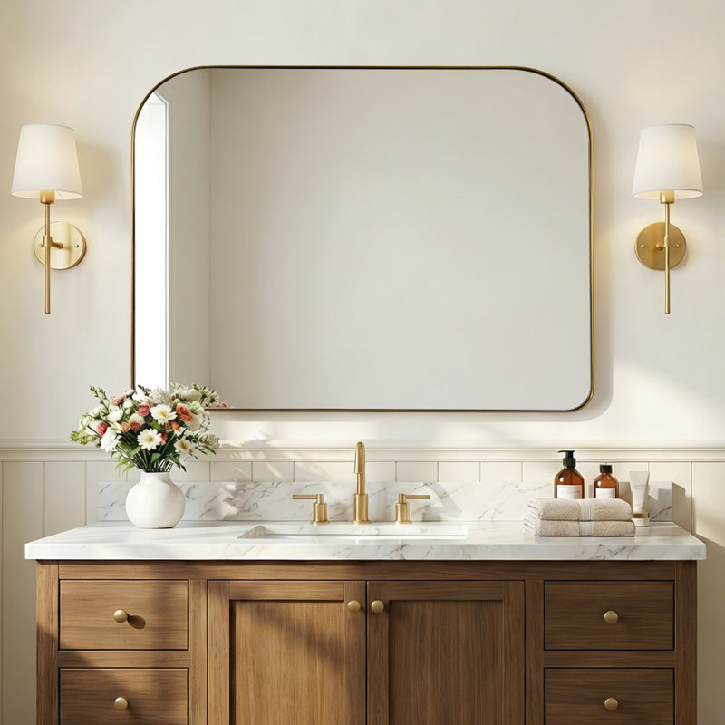 Wide Arch Rectangle Bathroom Vanity Mirror | Stainless Steel Frame, Brushed Gold, 30" x 40"