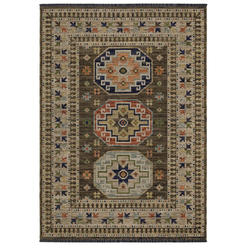 Tapis brun / multicolore en laine Tincie Tribal, Brun / multicolore, Rectangle 3 pi 3 po x 5 pi
