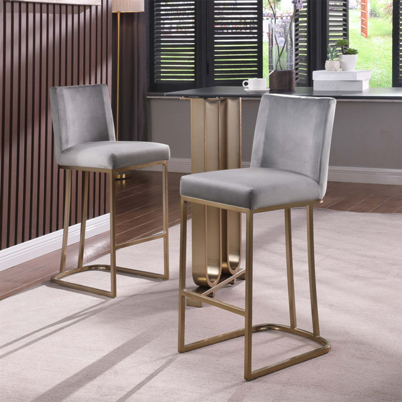 Ensemble de 2 tabourets de bar rembourrés modernes en velours avec dossier, confortables et élégants, Gris