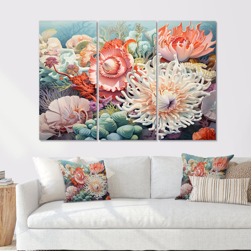 Ensemble d'art mural anémone marine - corail sous l'eau, Toile tendue, H 40 po x l 60 po x P 1 po