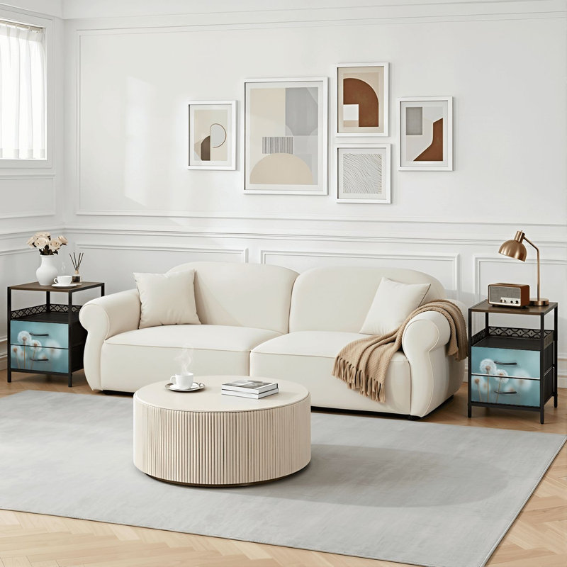Table de chevet 2 tiroirs avec station de charge, table de chevet pour chambre à coucher avec ports USB, tablette ouverte noire, table de chevet avec délicat pissenlit blanc délavé