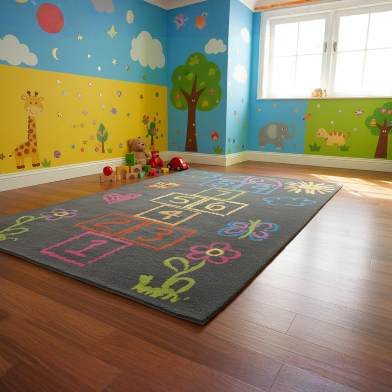 Ailey Authentic Hand-Tufted Handmade Charcoal Gray & Multicolor Whimsical Hopscotch Wool Area Rug, Rectangle 8' x 10'