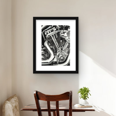 Mechanism of a Motorcycle - Black & White Framed Print Decor