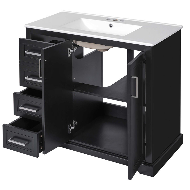 36" Modern Bathroom Vanity With Ceramic Sink, Soft-Close Door, Adjustable Shelf & 3 Drawers, Ample Storage, Black