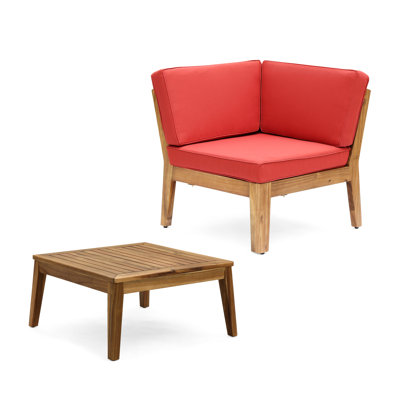 Table basse et d'angle rouge - bois, design à lattes chic, coussins d'eau, magnifiques dossiers multicolores, canapé modulaire