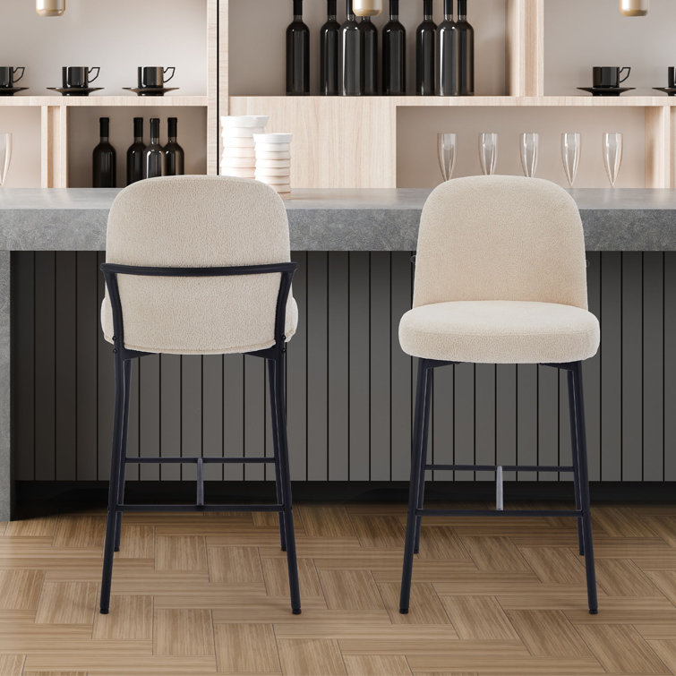 Modern Counter Height Bar Stools Set of 2, 28 Inch Sherpa Boucle Upholstered Bar Stools with Back, 18" Seat Wide Island Stools with Black Metal Frame for Kitchen Counter/Breakfast Bar