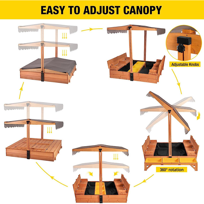 Large Wooden Sandbox with Adjustable Canopy and Toy Bin Storage