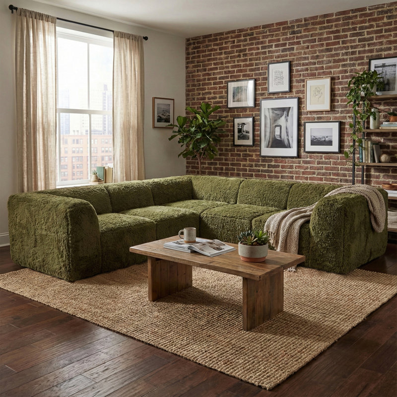 Dozie 5-Piece Faux Fur Foam Modular Compressed Sectional, Green