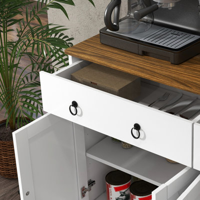 Sideboard Buffet With 2 Drawers, Storage Cabinets, 4 Doors, Adjustable Shelves, White, Wood Grain Top Cabinets And
