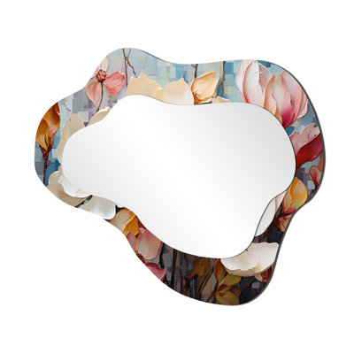 White Pink Magnolias Magnolia Symphony II - Magnolias Metal Art Asymmetrical Traditional Wall Mirror
