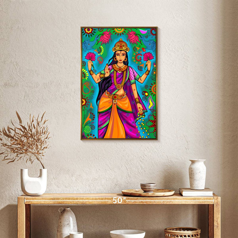Déesse indienne Lakshmi, Cadre flottant doré, 21 po x 31 po