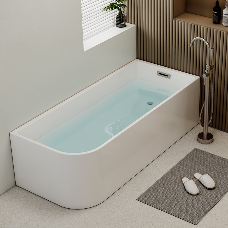KDK HOME 67” Freestanding Bathtub, Alcove/Back to Wall Acrylic Soaking Tubs with Overflow, Right