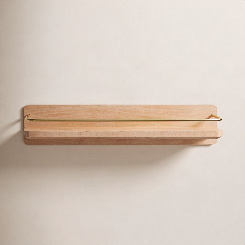 Dandre Modern Brass Wooden Shelf, 3.2" H x 24" W x 5.6" D, Natural
