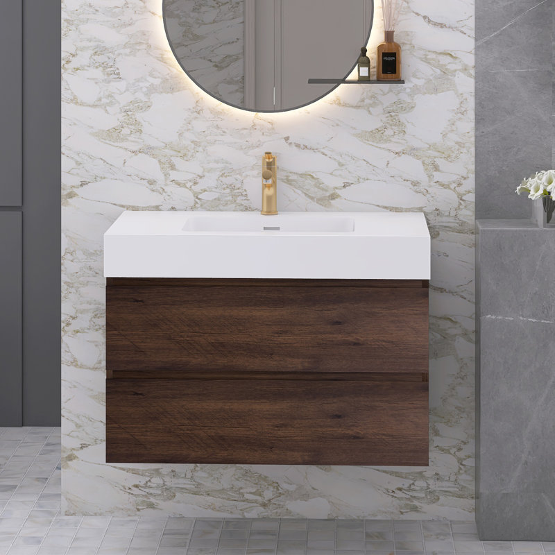 Nihat 36'' Single Bathroom Vanity with Solid Surface Top, Light Gray, White