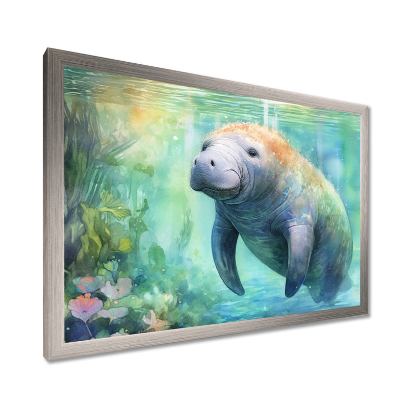 Gentle Manatee II - Art mural de lamantin pour le salon, H 34 po x l 44 po x P 1,5 po, Cadre simple argenté