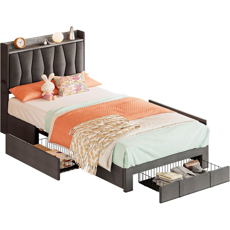 Gray Twin XL Upholstered Bed Frame with Storage Drawers and Headboard