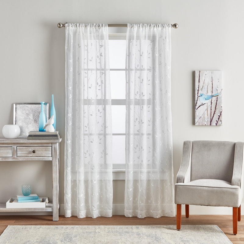 Floral 37" W Polyester Sheer Curtain Pair, 37" W x 63" L, White