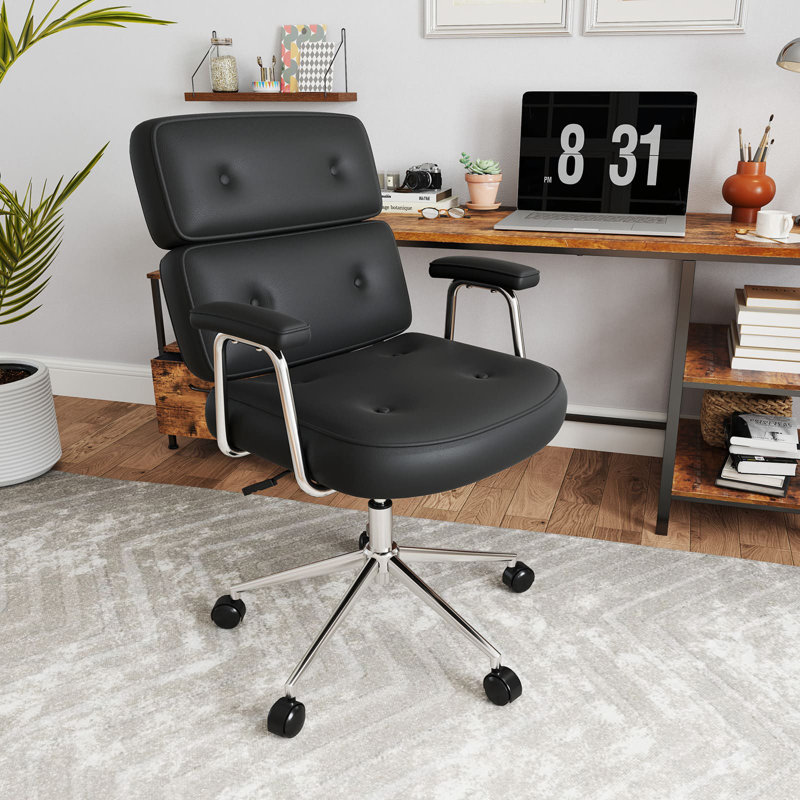 Office Chair PU Leather Upholstered Desk Chair Button Tufted Back, Black, Silver