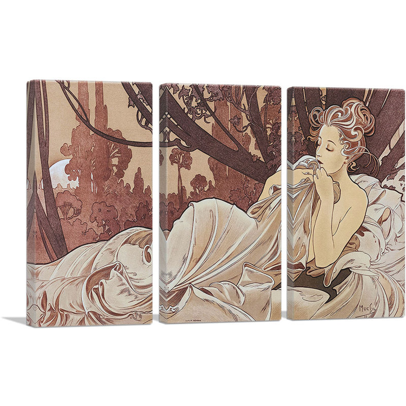 «Dusk 1899» par Alphonse Mucha, ensemble de 3 reproductions d'art graphique sur toile tendue, H 40 po x l 60 po x P 0,75 po