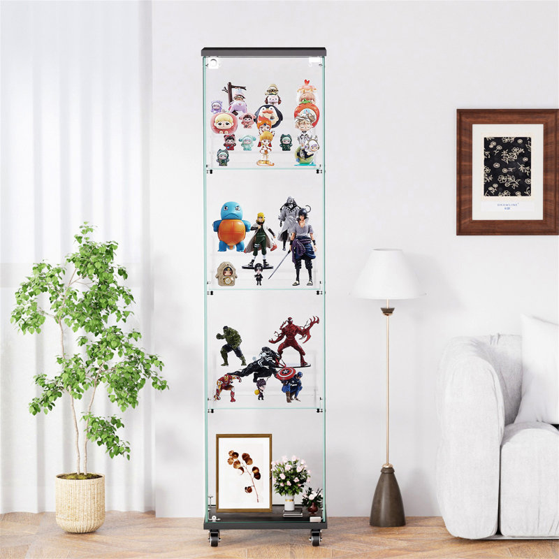 Glass Display Cabinet, (4 Shelves) 65.1"H x 15.8"W x 14.2"D, Black