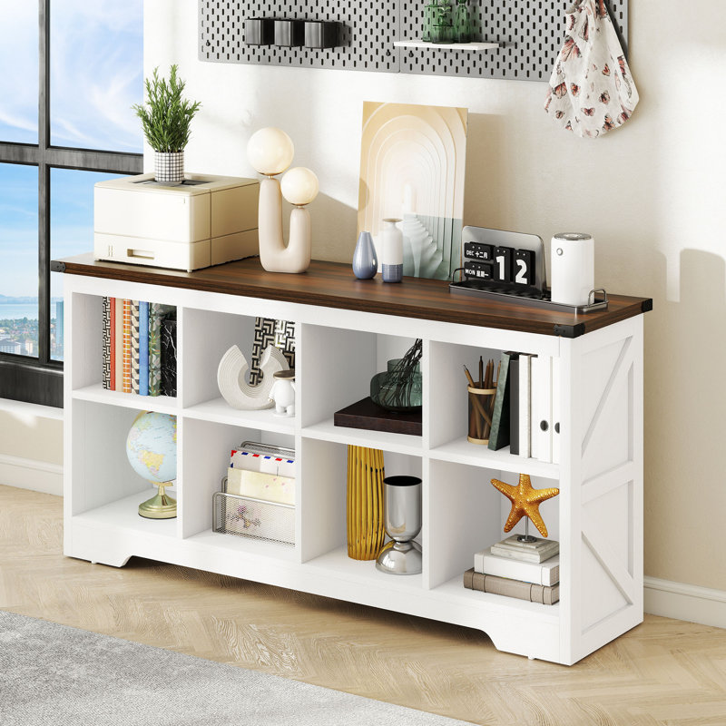 Bibliothèque moderne à 2 niveaux avec 8 cubes, H 31,5 po x l 62 po x P 15,7 po, Blanc / Brun