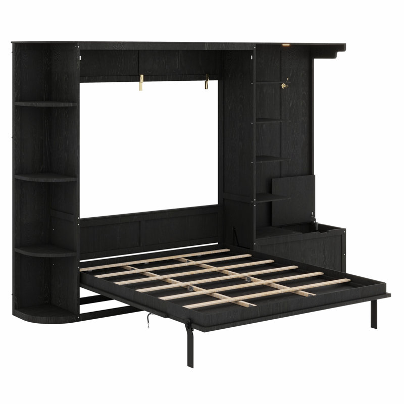 Lit escamotable élégant avec tablettes intégrées, éclairage DEL et crochets, Noir