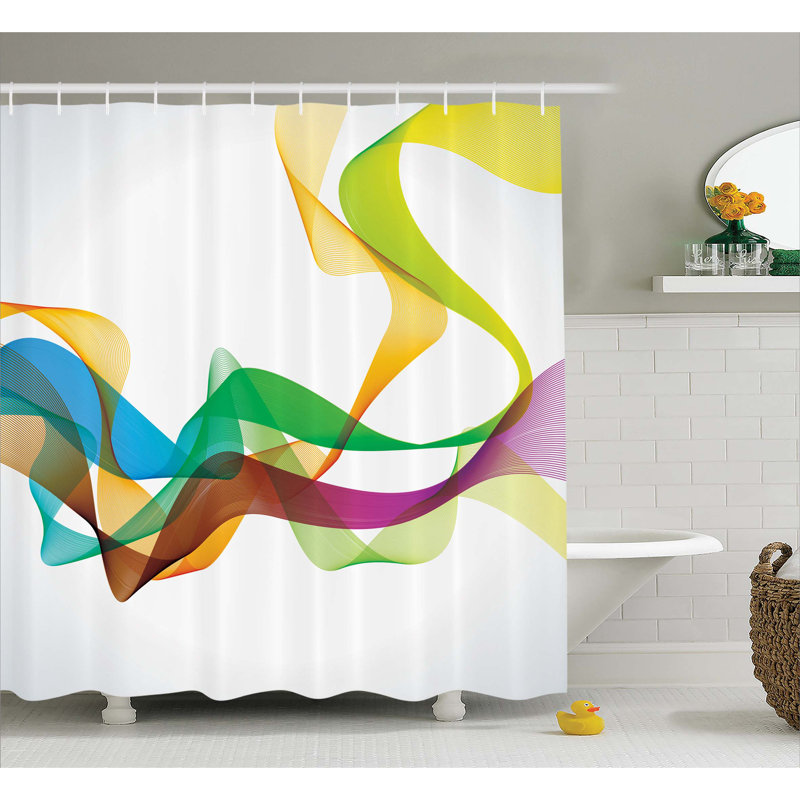 Rideau de douche à imprimé arc-en-ciel avec crochets ondulés, H 75 po x l 69 po