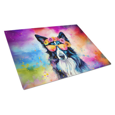Border Collie Hippie Dawg Glass Cutting Board Large