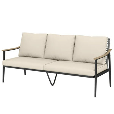 Khaki 3-Seater Outdoor Patio Sofa with Wood-Effect Steel Armrests Cut-Out PE Wicker Backrest, Thick Zippered Cushions Powder-Coated Steel Frame Supports 792 Lbs for Garden Yard Balcony