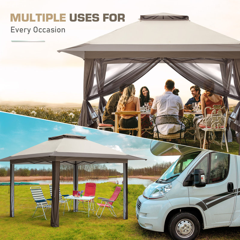Beige and Brown Metal Pop-Up Patio Gazebo with Mosquito Netting