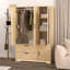 Armoire 4 portes avec miroir, armoire à DEL avec portes et 2 tiroirs, armoire de rangement en bois avec tringle, tablettes réglables, naturel