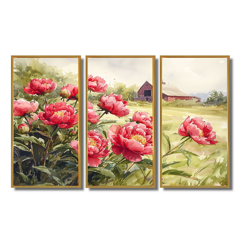 Pivoines dans la brise de basse-cour IV - pivoines grand art mural - 3 panneaux, H 28 po x l 36 po, Doré