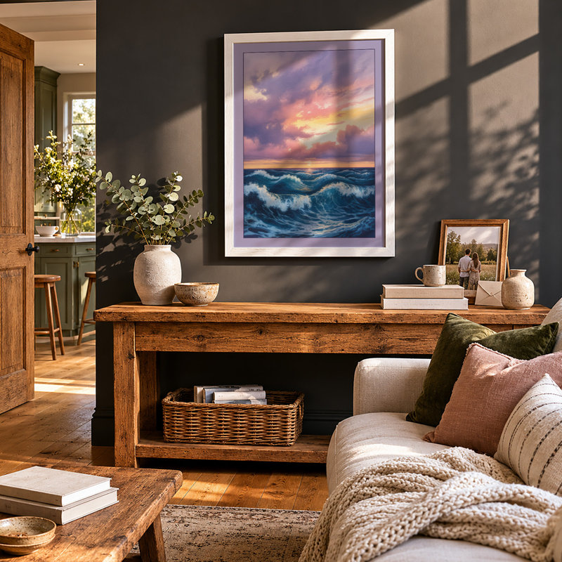 Turbulent Waters at Dusk Coastal - Framed Print, A2 - 59.4 x 42.0 cm, White