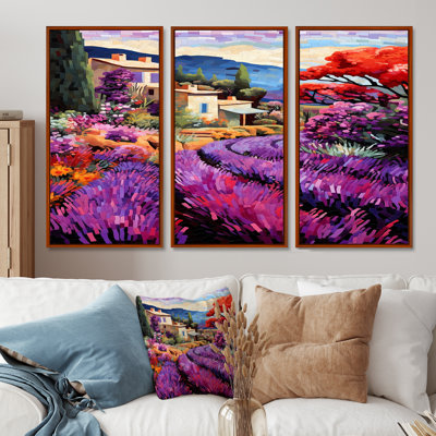 «White Cottage In Blossoming Lavender Fields» - ensemble de reproductions d'art mural champs de lavande
