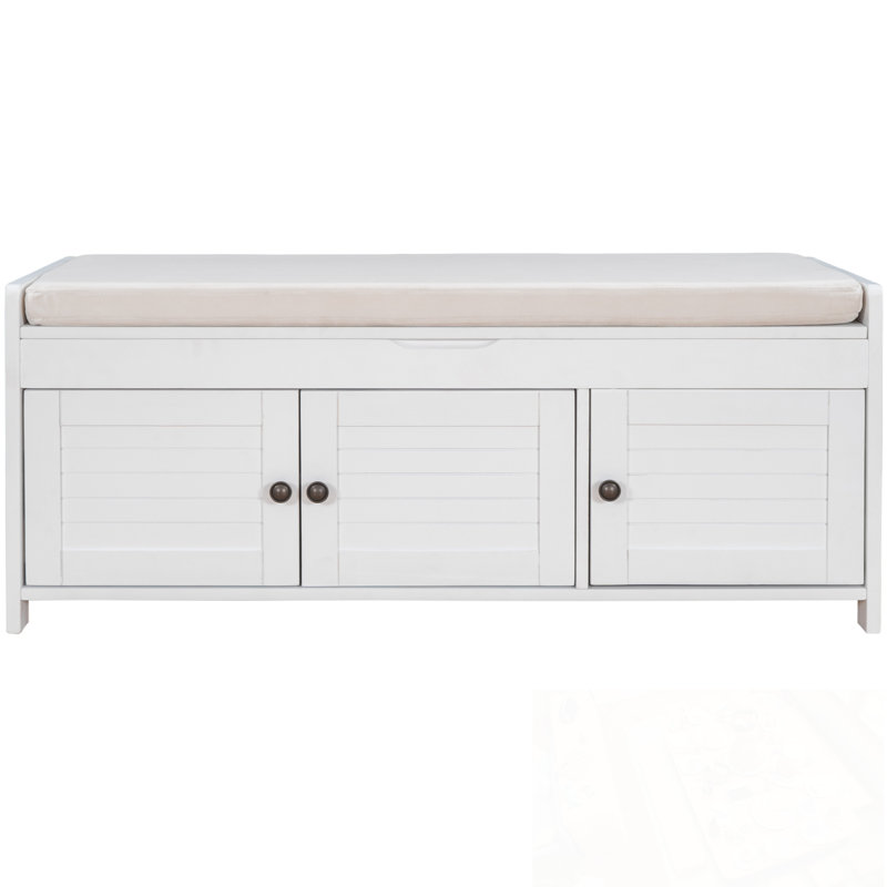 Wood Entryway Storage Bench with 3 Shutter-shaped Doors, White