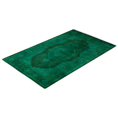 Tapis vert contemporain en laine noué à la main 2 pi 8 po x 4 pi 4 po Colella