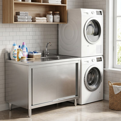 Évier utilitaire autoportant de 39 po en acier inoxydable, bol simple avec robinet et tablette de rangement, utilisation intérieure et extérieure pour la cuisine, la salle de lavage, la salle de bain, le bar, la ferme