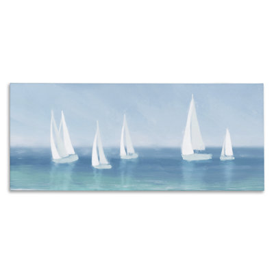 White Sail Boats Across Soft Blue Coast by Dan Meneely - Graphic Art
