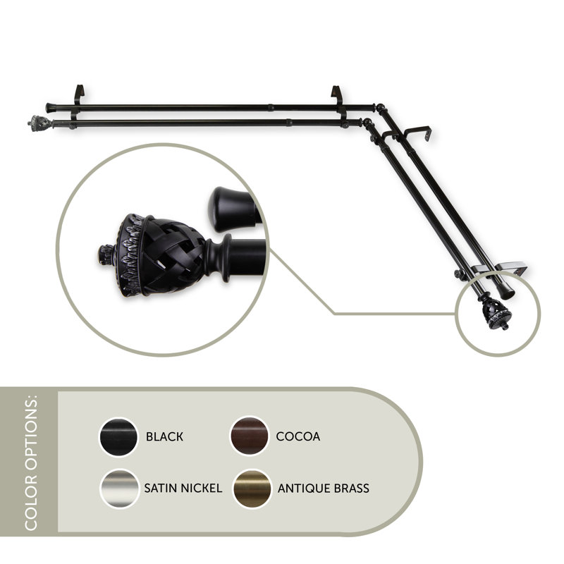 Ensemble de tringle à rideaux double et quincaillerie pour fenêtre en coin, Noir, H 120 po x l 70 po