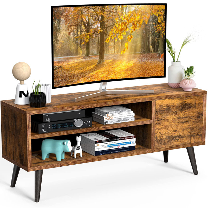 Riley-James 47.24" Mid-Century Modern TV Stand for TVs up to 55", Entertainment Console with Open Shelf and Storage, Brown