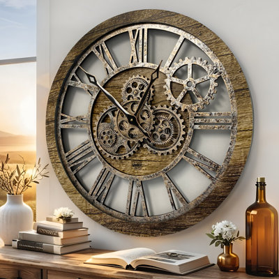 Wall Clock 24" Round Oversized for Living Room decor with Real Moving Gears America Collection