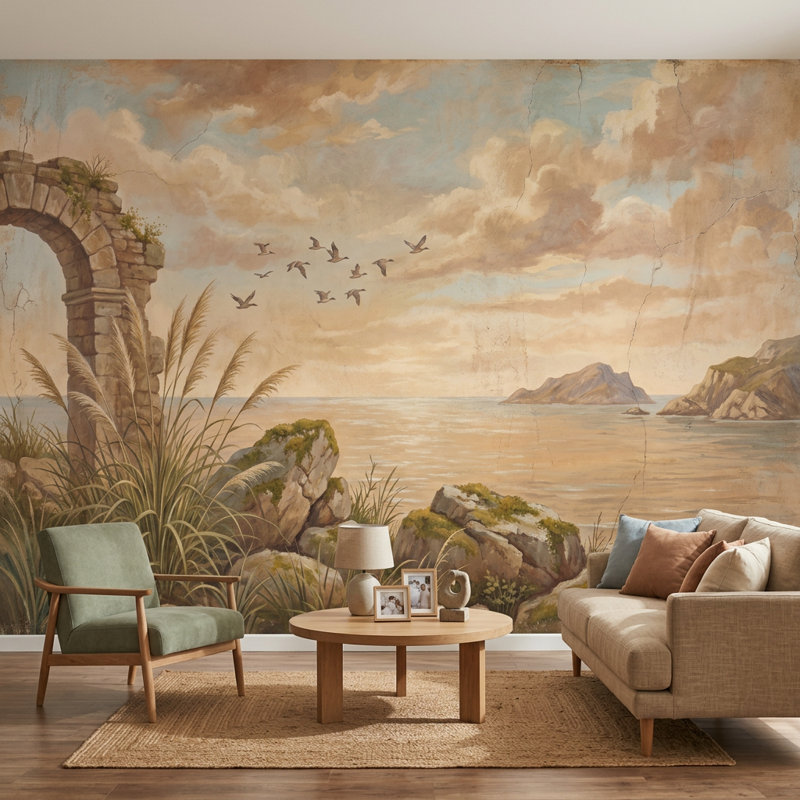 Murale de paysage côtier, ruche en pierre, fresque murale rétro, Texturé non collé, 100 po x 96 po