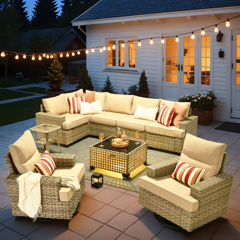 Ensemble de canapé d'extérieur 9 pièces avec table basse, coussin profond et coussin épais, Beige