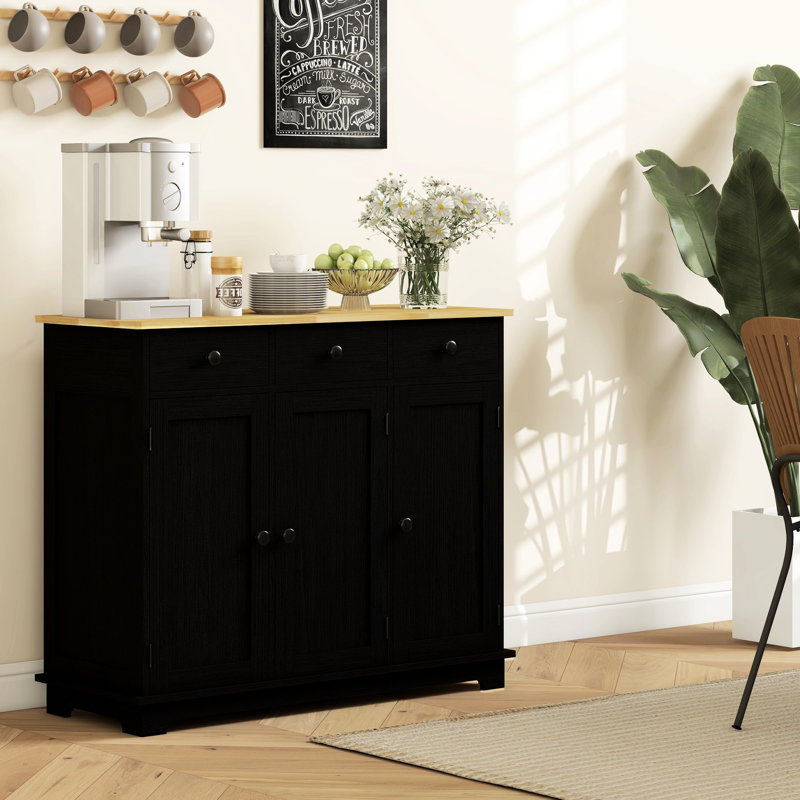 Distressed Black Side Cabinet - Solid Wood Countertop, 3 Drawers, Doors, Adjustable Shelf Versatile Home Storage Magnificent