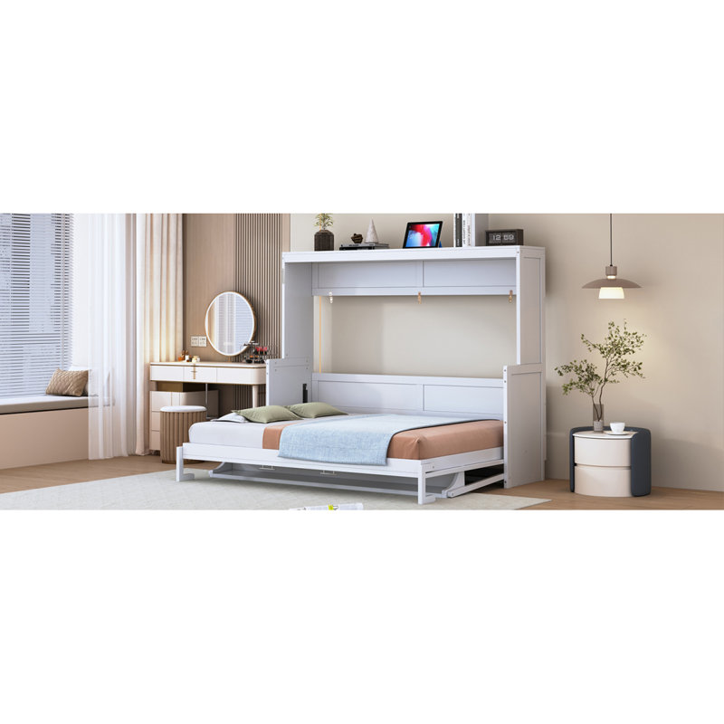 Lit escamotable double avec système de levage hydraulique et bureau, blanc (ANCIEN SKU: N820S00032K), Lit double