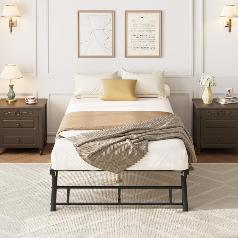 Twin Pop Up Trundle Bed Frame,Trundle Day Bed with Lockable Casters,Foldable Metal Platform, Brown