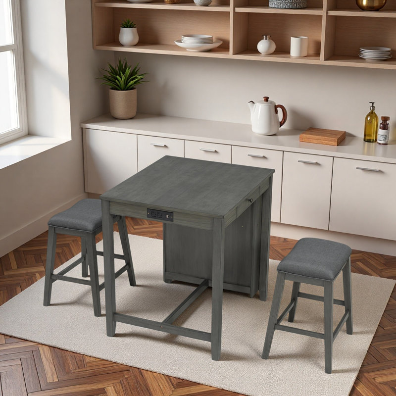 Ensemble de table de bar 3 pièces avec prise électrique, tiroirs, tablettes latérales et 2 tabourets rembourrés, Gray