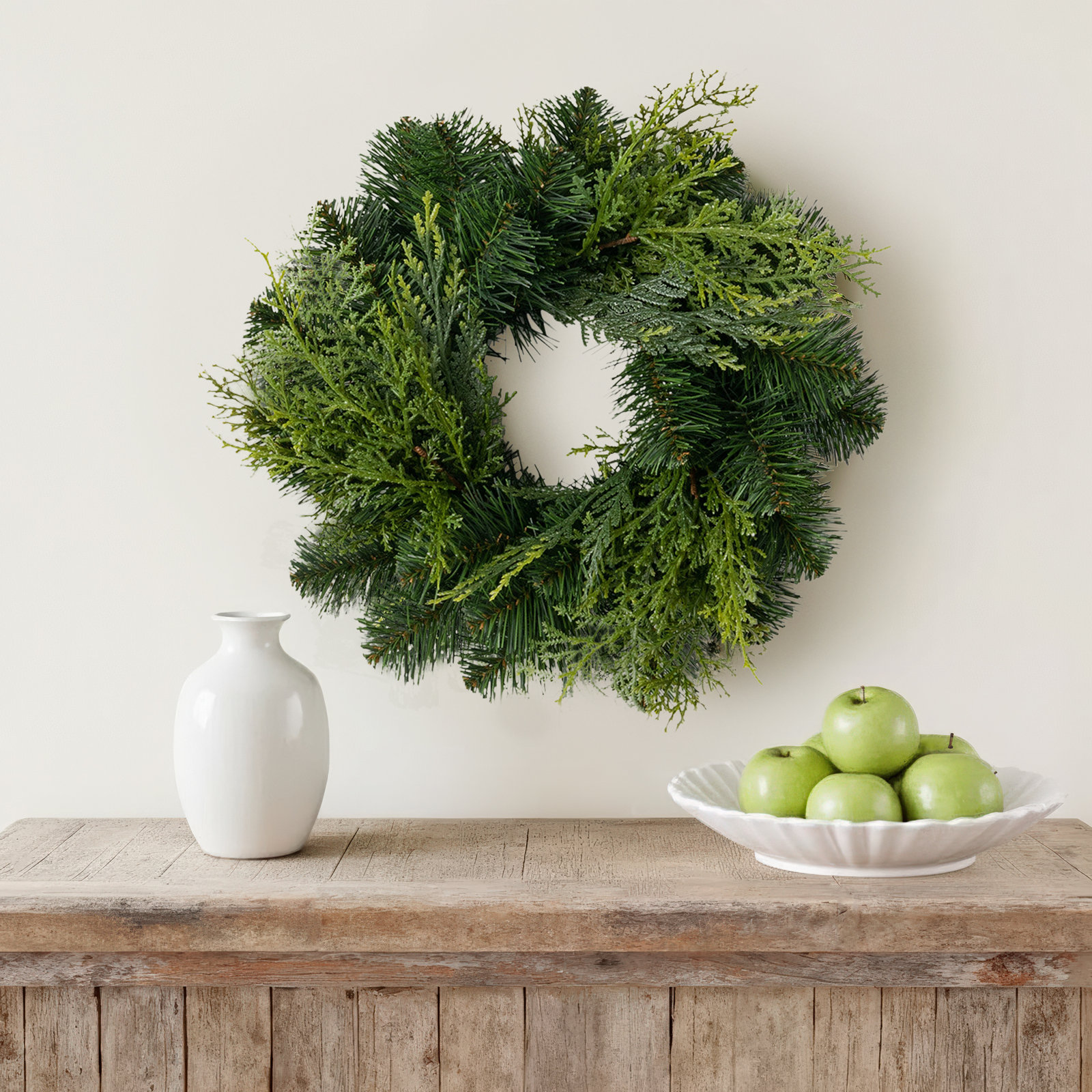 Faux Fir Wreath, 12" H x 12" W x 3" D