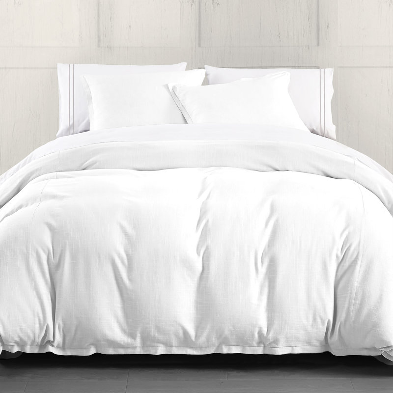 Hera Washed Linen Flange Modern Rustic Classic Chic Duvet Cover Set, White, Queen Duvet Cover + 2 Standard Shams